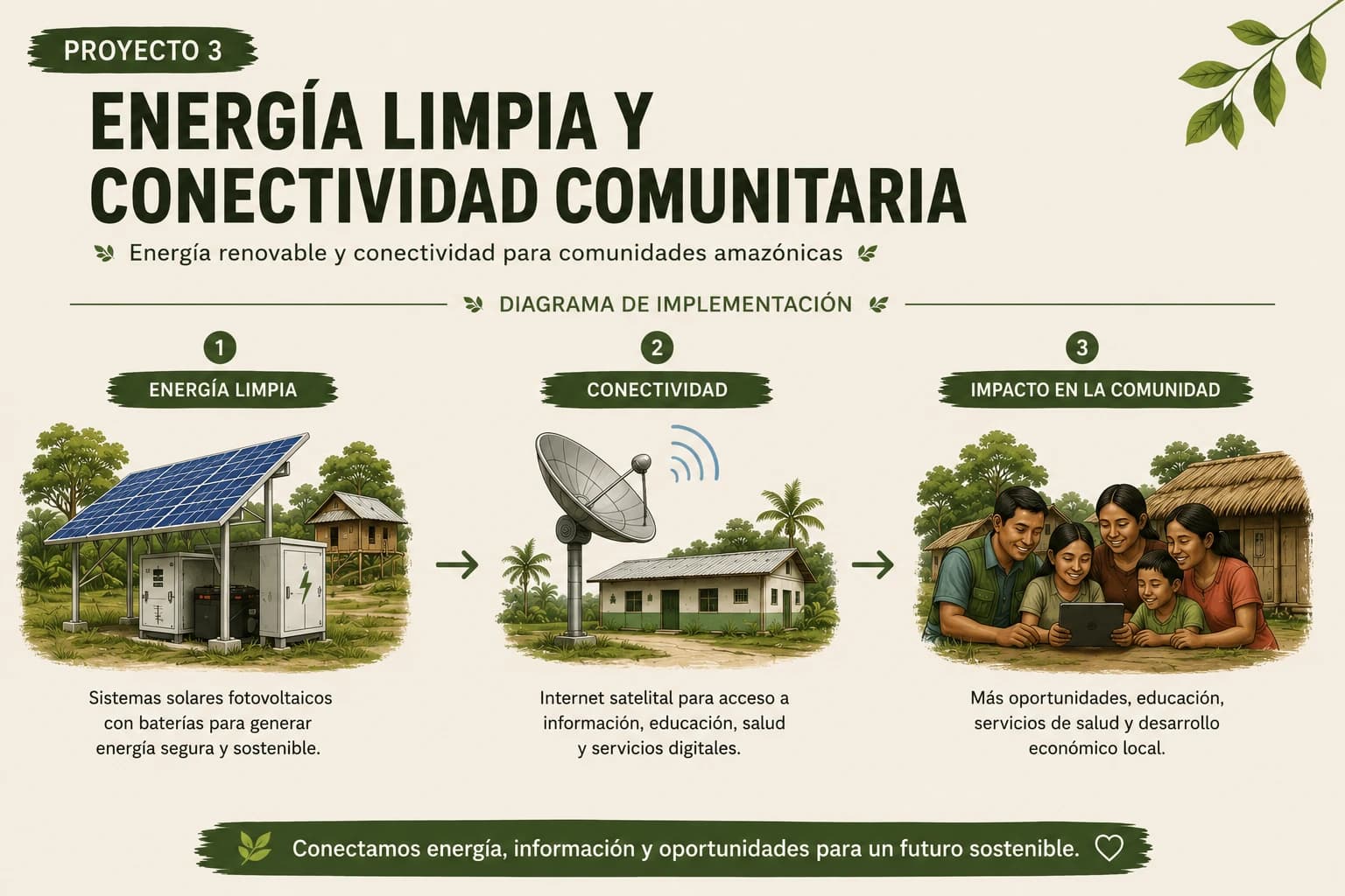 Diagrama de implementación de Energía Limpia y Conectividad Comunitaria: sistemas solares fotovoltaicos, conectividad satelital y su impacto en educación, salud y desarrollo económico local.